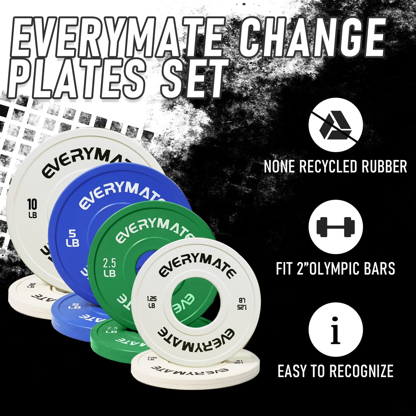 EVERYMATE Change Plates 1.25LB 2.5LB 5LB 10LB Set - Fractional Olympic Bumper Plates for Cross Training - Steel Insert Strength Training Weight Plates