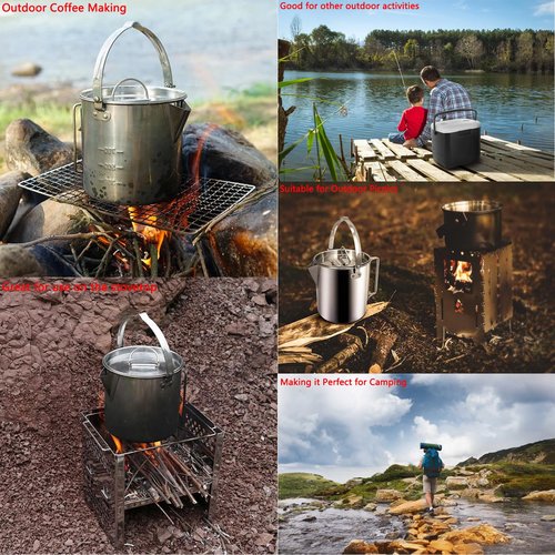Zalaxt Camping Tea Kettle, Portable 1.2L Coffee Pot, Outdoors Camping Pot, with Handles and with Lids for Camping Hiking Picnic Camping, Backpacking, Silver