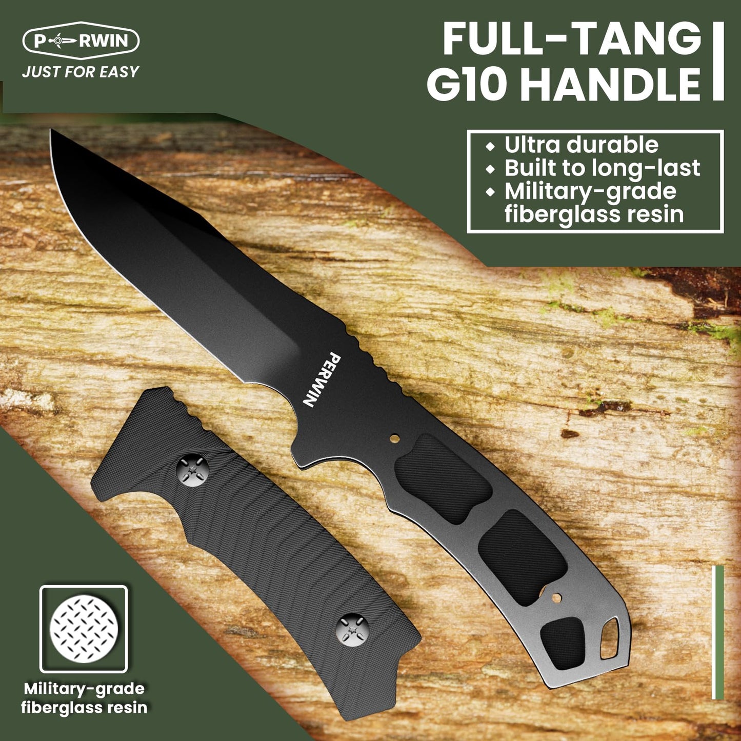 PERWIN Bushcraft Survival Knife - Outdoor Camping Hunting Fixed Blade With D2 Steel and G10 Handle for EDC, Sheath Included - Collection Gift for Him