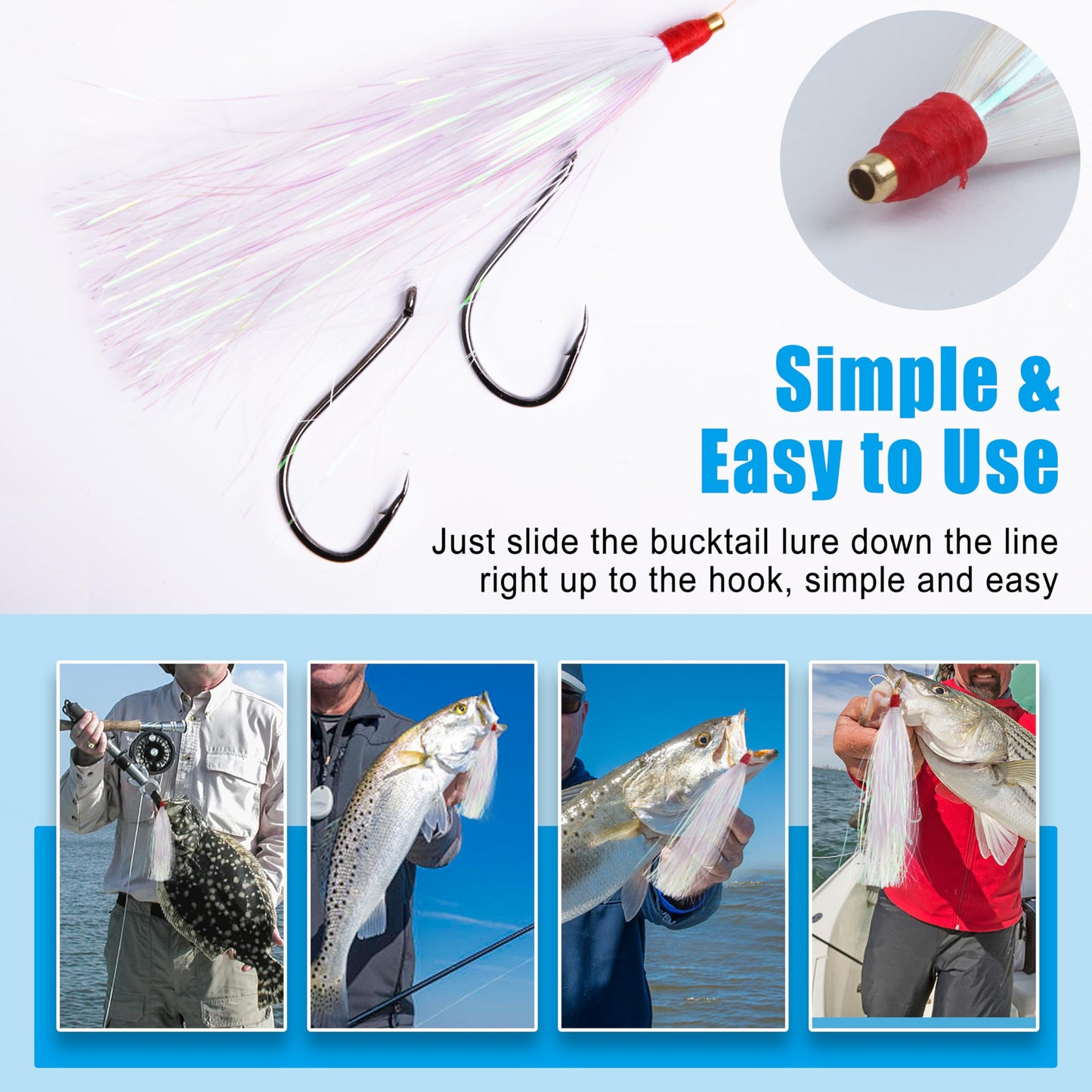 Fishing Bucktail Teasers Kit, 10pcs Mylar Flash Teaser Tail Fishing Teaser Lures Mylar Bucktail Skirts for Flounder Rig Saltwater White