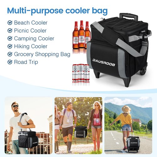 Rolling Cooler with Wheels, Heavy Duty Leakproof Soft-Sided Ice Chest, 12Hrs Ice Retention & Enhanced Stability Wheeled Coolbag, Insulated Travel Cooler for Camping,Grocery,Beach,Outdoor (Black/Gray)
