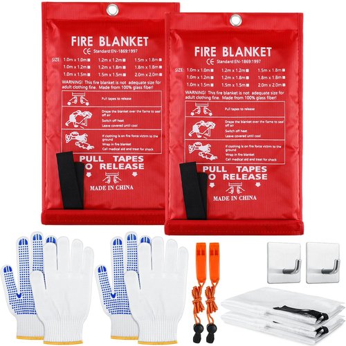 Copkim 2 Sets Emergency Fire Blanket for Home Fire Suppression Thermal Blankets with Emergency Whistles, Hooks and Gloves for Kitchen, Fireplace, Car, Office, 39.3" x 39.3"
