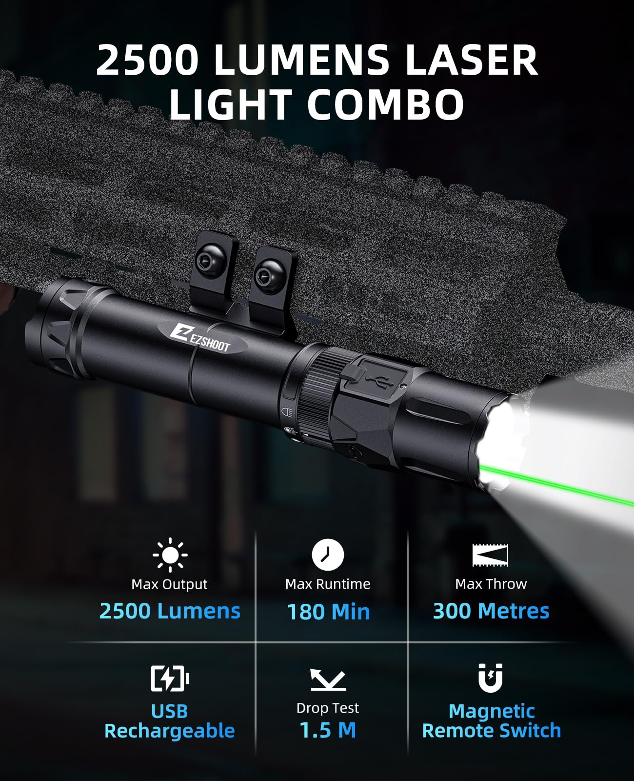 EZshoot 2500 Lumens Rifle Laser Light Combo Compatible with M-Rail, Rechargeable Ar Light Laser Combo with Magnetic Remote Switch, Tactical Rifle Flashlight with Strobe Mode for Home Defense, Hunting