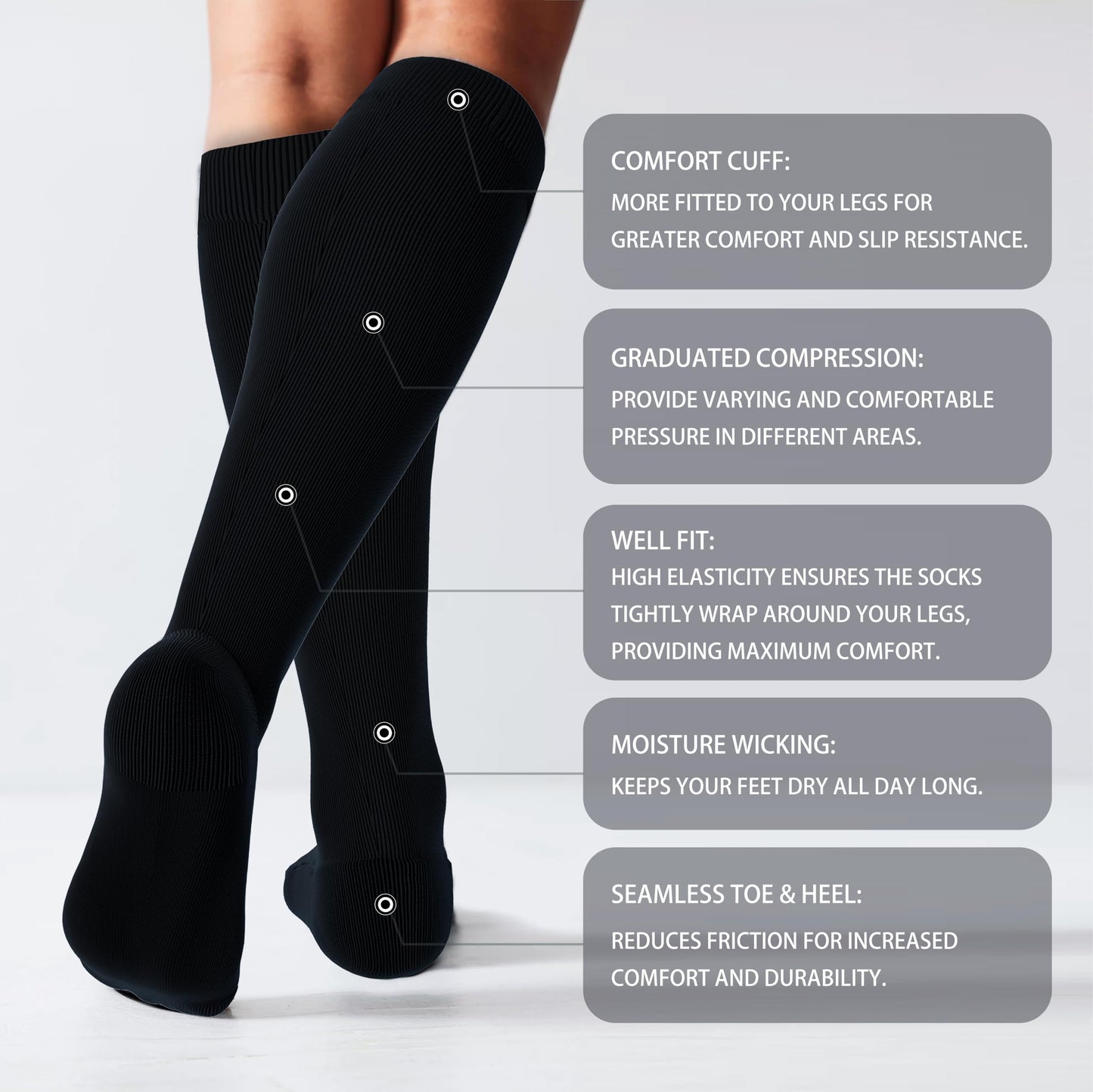 LEVSOX Extra Thick Cotton Compression Socks for Women&Men 20-30 mmHg Knee High Graduated Support Sock for Nurses, Pregnant Women, Travel and Flight, 2 Pairs, Black