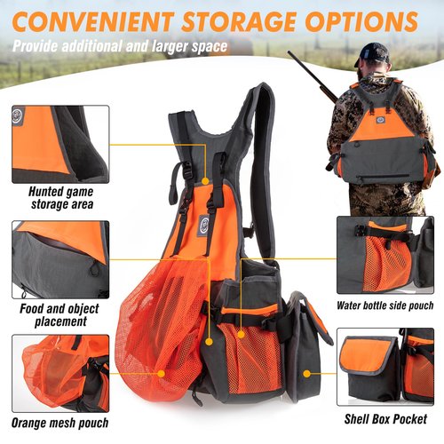 TKLoop Upland Hunting Vest - Adjustable Strap, Lightweight, with Game Pouch and Pockets for Pheasant & Bird Hunting - Grey