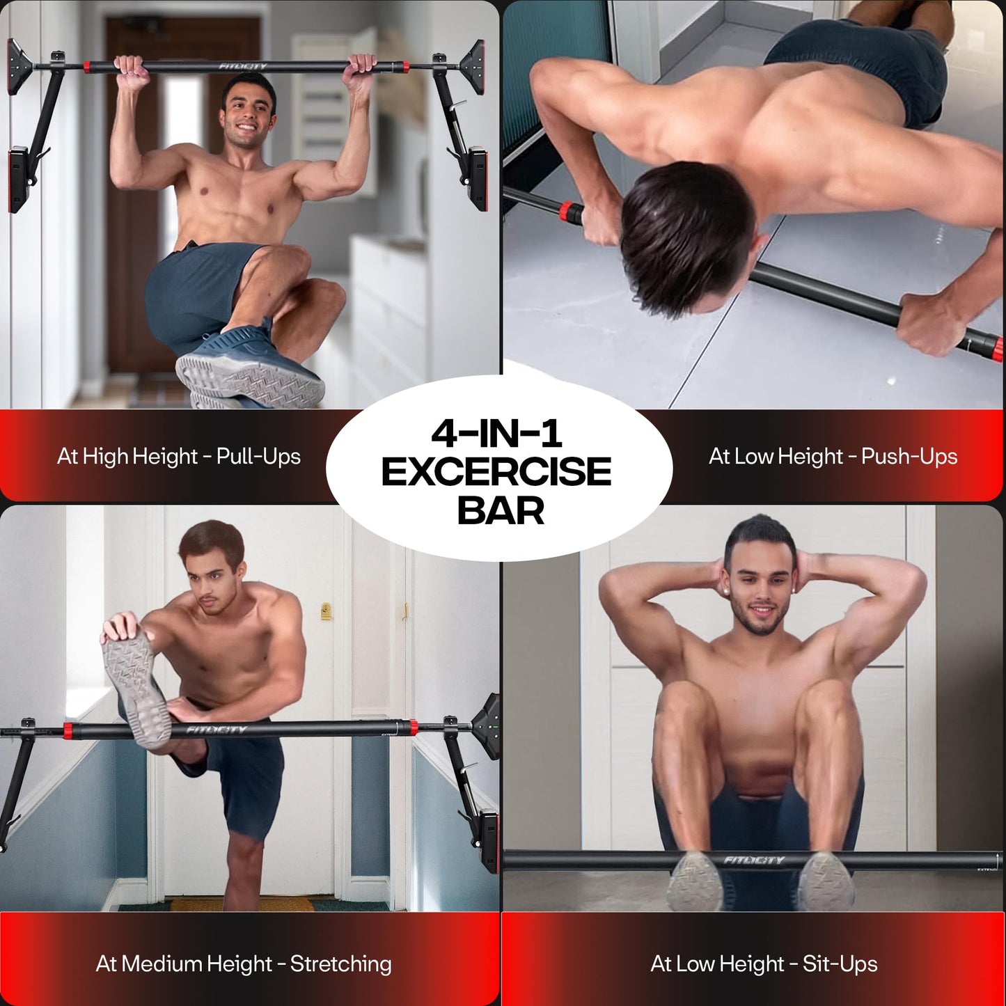 Fitlicity Pull Up Bar for doorway With Hand Grip Strengthener & Resistance Bands, Chin Up Bar for Upper Body Workout & Exercise, 29.9" - 37.5" Adjustable Width Locking Mechanism, No Screw Installation, 880 lbs