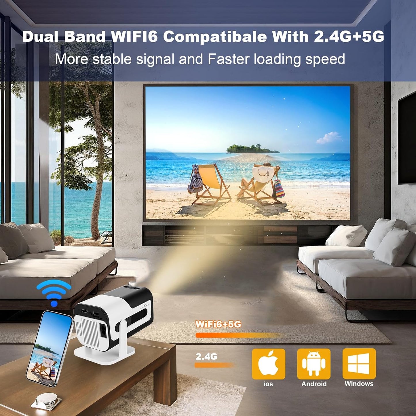 Mini Projector, HY300 PRO Portable Projector, Support 4K 1080P with Dual-Band WIFI6 5G Wireless 5.0 Bluetooth Android 11, 180° Rotatable, Auto Keystone Correction, 35"-130" Screen Video Projector