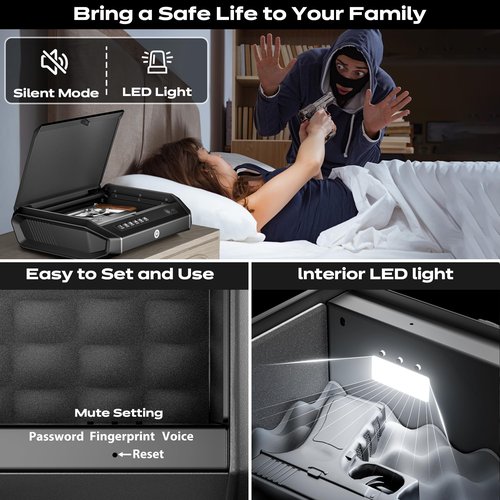 Gun Safe with LCD Display, ≤0.1s Quick Access Handgun Safe for 2-4 Pistols, Hand Gun Lock Box with Fingerprint | Keypad | and Keys for Home Drawer Bedside Nightstand TOPMEDA