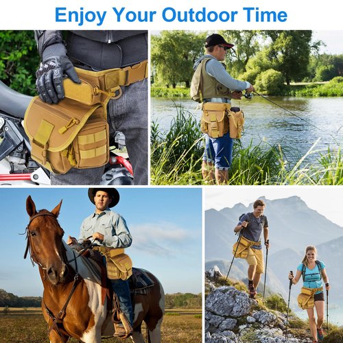 KOZEVARNY Leg Bag for Men Women Motorcycle Leg Bags Outdoor Waterproof Tactical Fanny Pack Travel Thigh Bag for Hiking Climbing Cycling Fishing Riding with Water Bottle Pouch (Khaki)