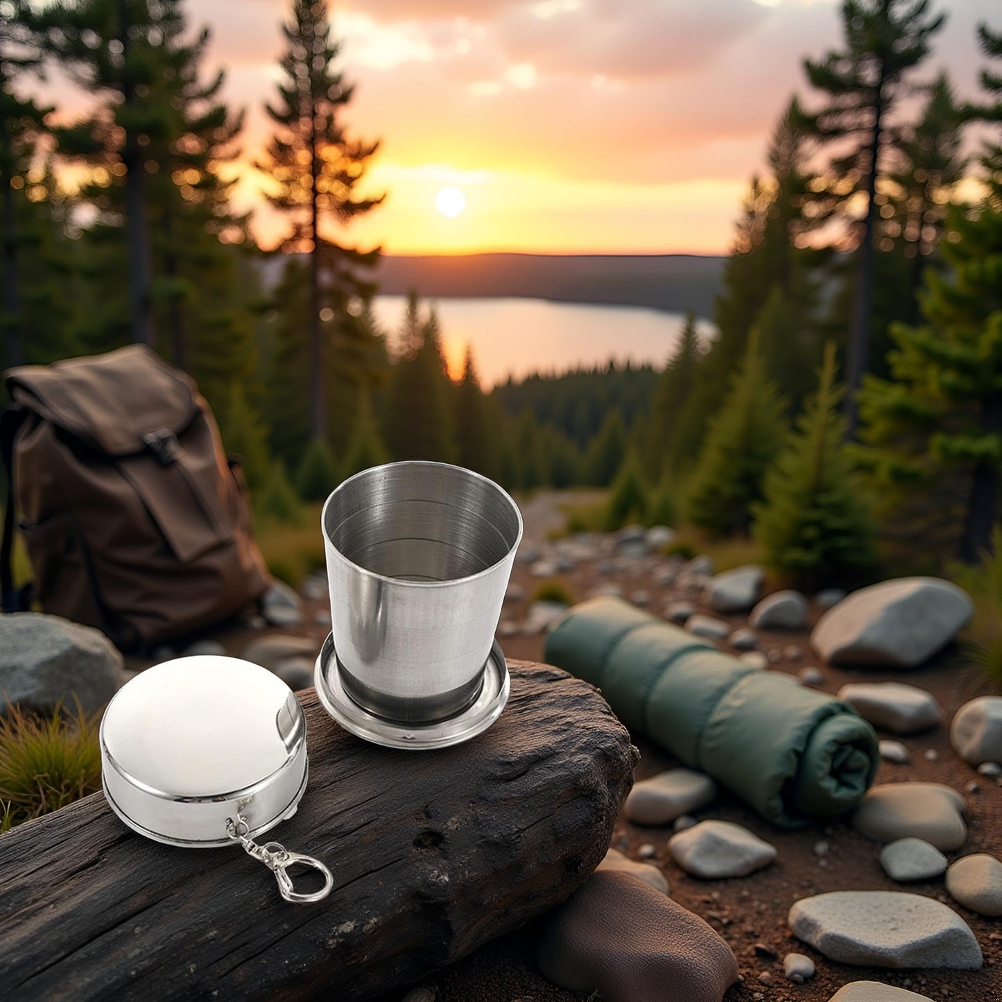 GANPUB 1Pc Silver Stainless Steel Folding Camping Mug Collapsible Portable Cup with Keychain for Outdoor Activities Hiking Picnic(Large), Camp Kitchen