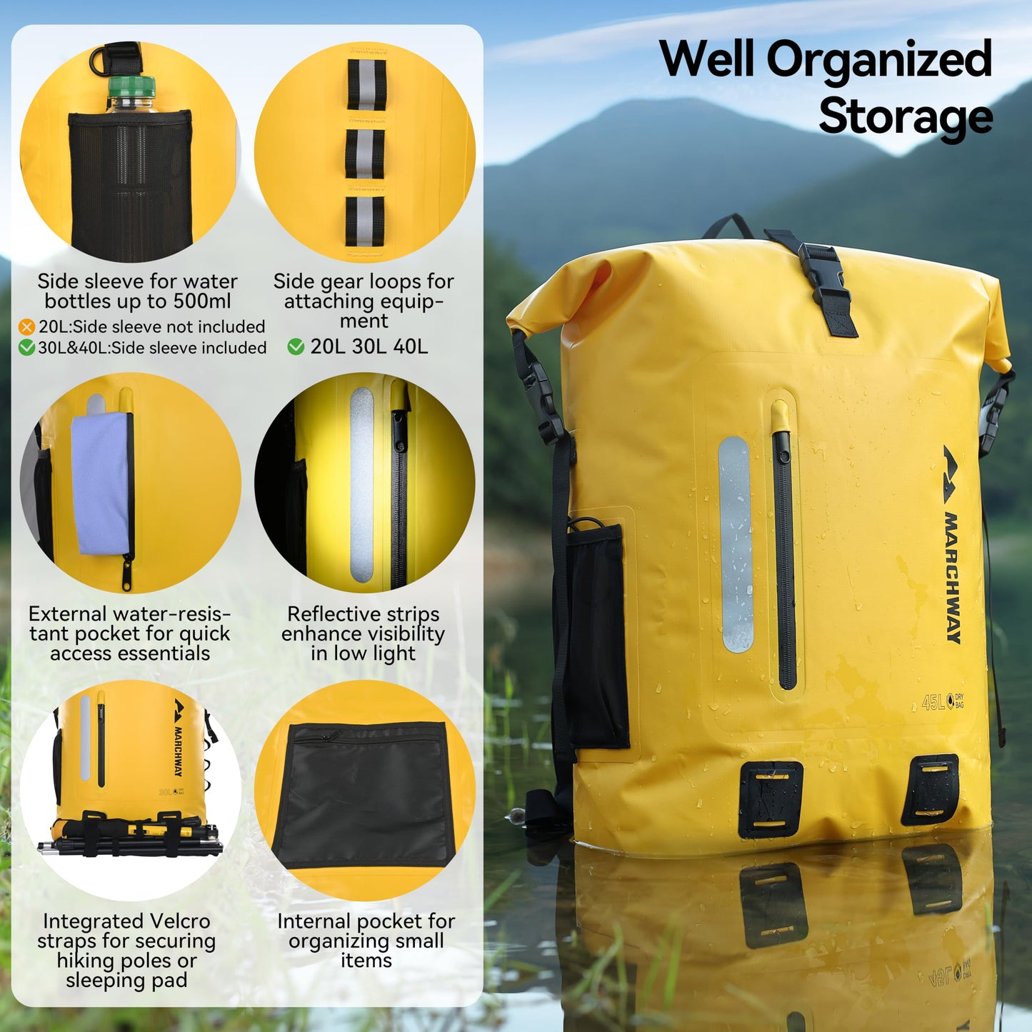 MARCHWAY Roll Top Waterproof Backpack, Floating Dry Bag 20L/30L/45L with Ergonomic Rectangular Base, Cushioned Back, Hip Strap for Hiking Camping Kayaking Travel (Yellow, 20L)