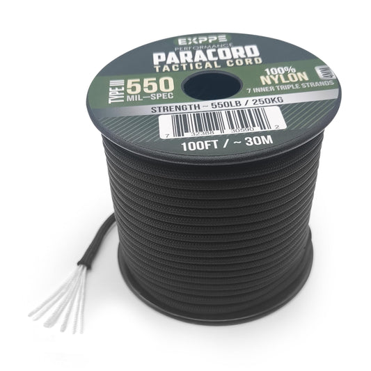 EXPPE Black Paracord 550 MIL-SPEC, Prepper Gear and Supplies, Nuclear Survival Gear Secure, 100ft 4mm,7 Strand Type III, Parachute Survival Spool, Military Tactical Cord