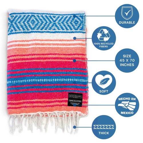 Benevolence LA Authentic Handwoven Mexican Blanket | Yoga Blankets, Outdoor, Picnic, Beach, Camping | Equestrian Saddle | Serape 50x70 inches