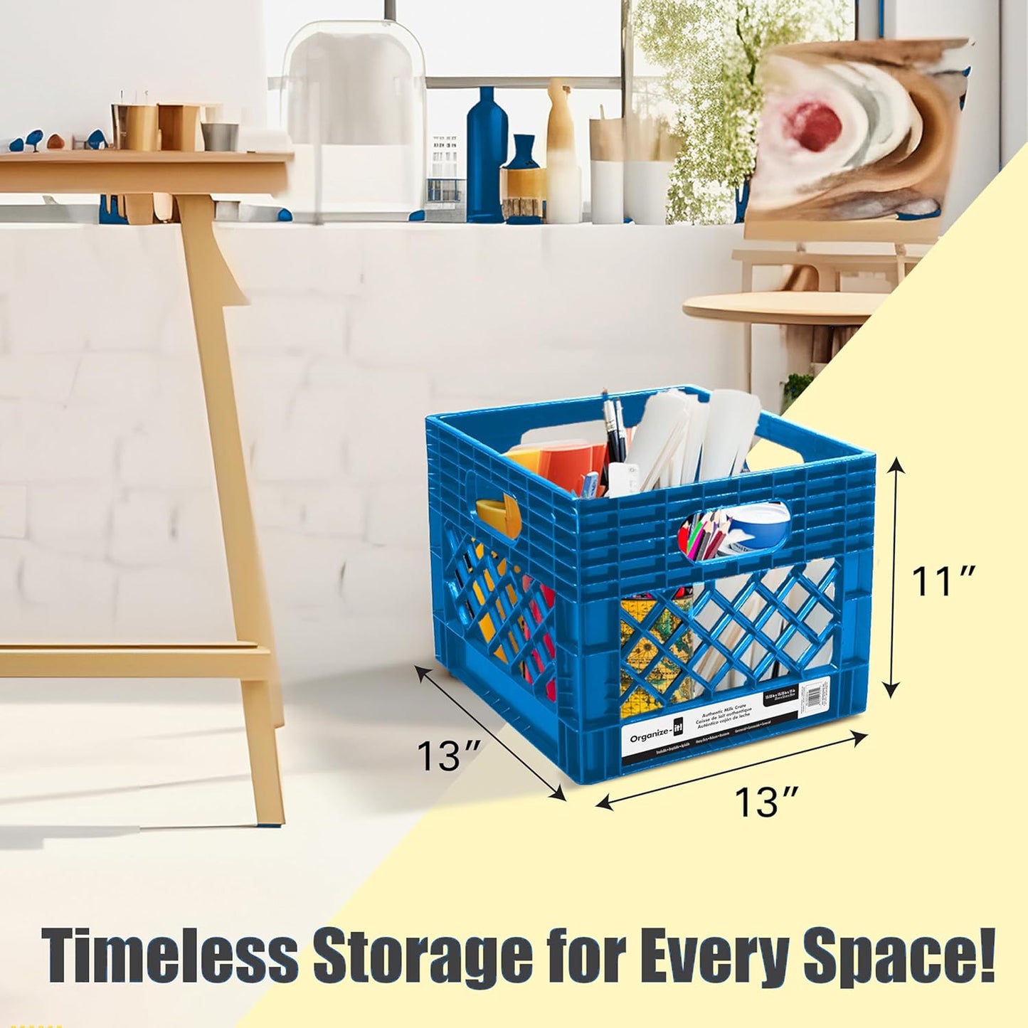 ORGANIZE-IT! Authentic Milk Crate, 4 Pack, Black - Heavy-Duty Storage Crate, Easy-Grip Handles, Versatile Storage Crate Box, 13" L x 13" W x 11" H