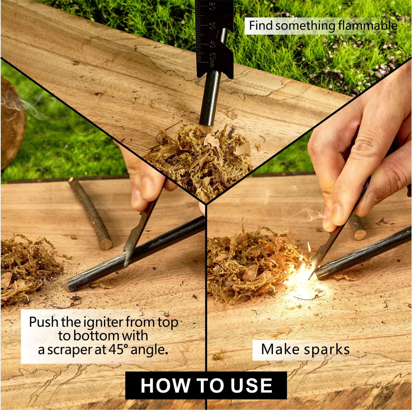 Fire Starter Survival Tool, 5/16" Ferro Rod with Paracord Lanyard, Multi-Tool Striker and Wooden Handle, Flint and Steel Fire Starter Kit for Your Hiking, Backpacking and Camping Essentials