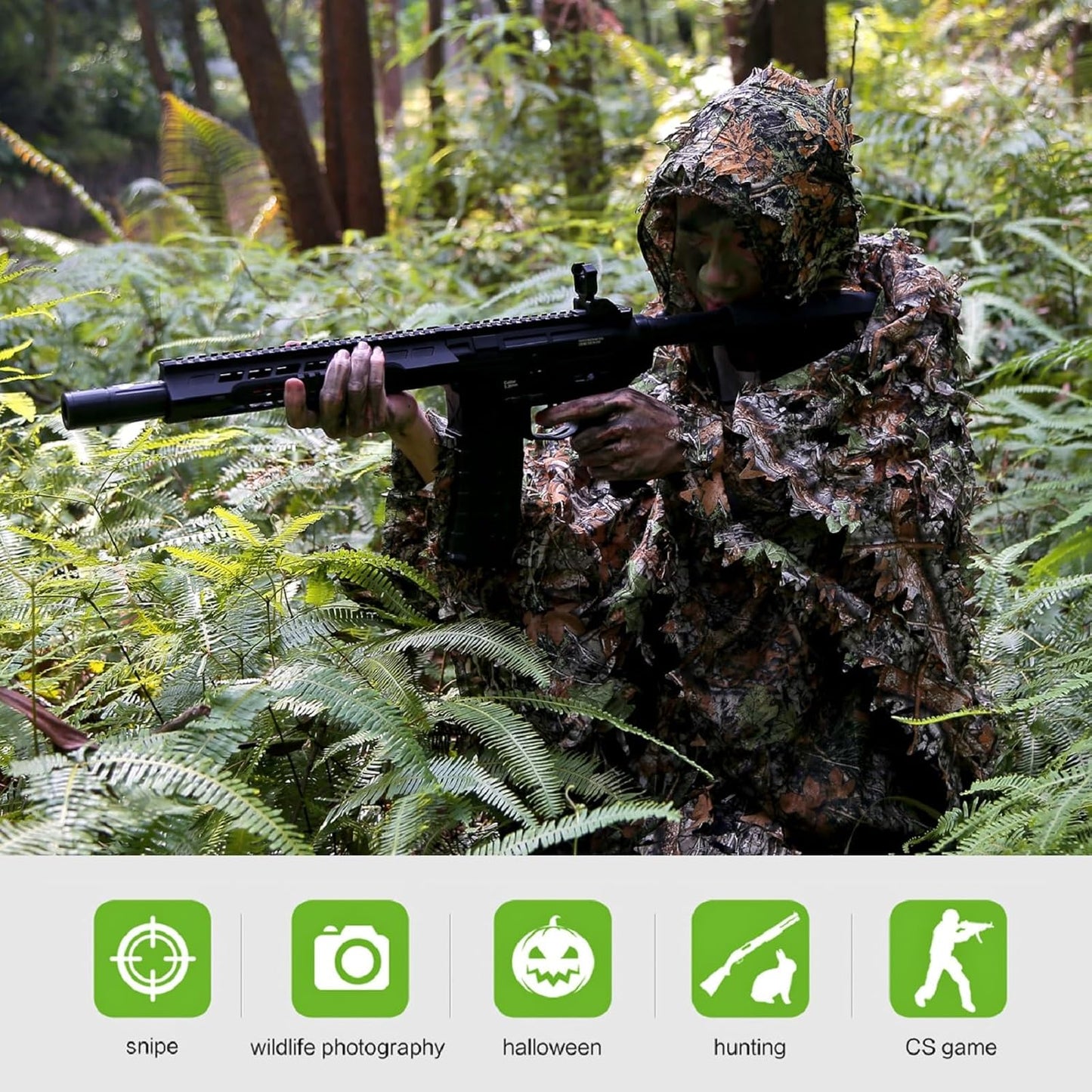 Zicac Outdoor Ghillie Suit 3d Leafy Camo Poncho for Men Hunting Bird Watch Military CS Woodland Hoodie Camouflage Cloak