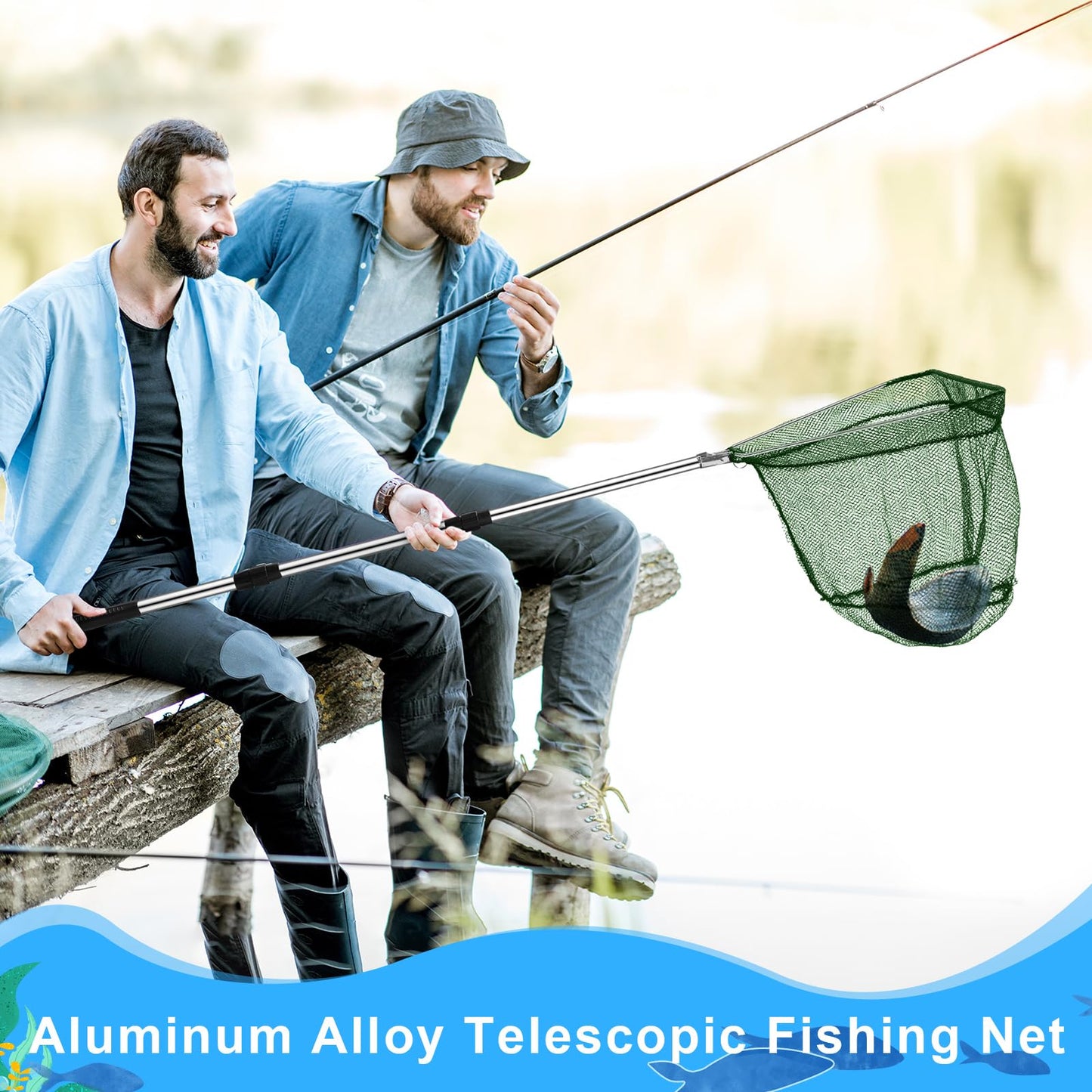Hollowfly 2 Pcs Steel Wire Fish Basket and Fishing Landing Net with Extension Aluminum Telescoping Pole Includes 1 Portable Fishing Net with Handle 1 Collapsible Wire Fishing Basket for Women Men