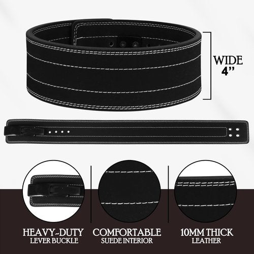 Lever Weight Lifting Leather Belt - 10mm Powerlifting Lever Belt for Men & Women - Lower Back Support Weightlifting Belt for Powerlifting, Deadlifts, Squats (M, Black)