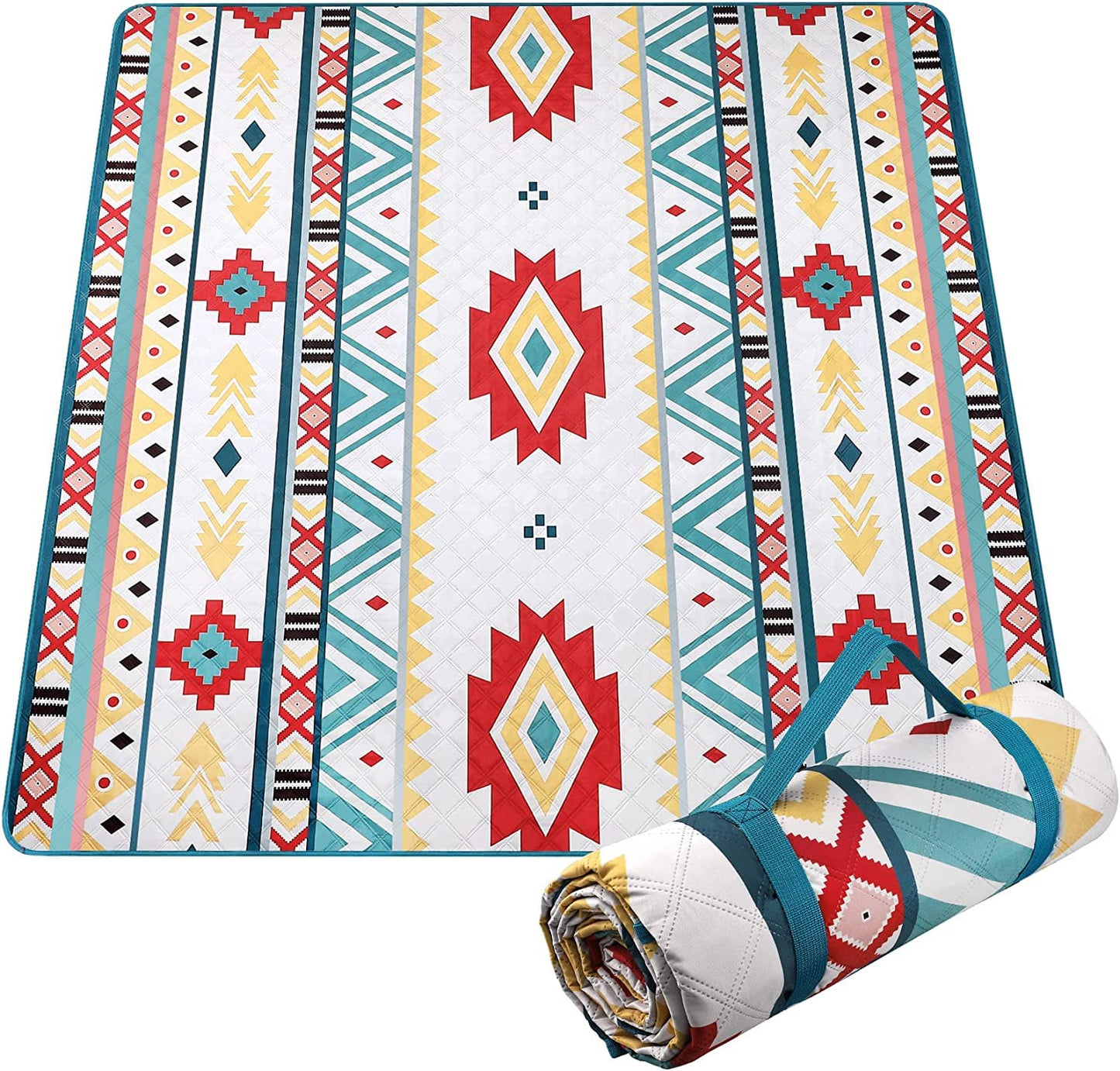 EXELNT Extra Large Outdoor Picnic Blankets Waterproof, for The Beach, Camping Travelling on The Grass, Park Blanket, Rolling Up Packaging，Portable Carring, 79" x 79" Picnic Mat - Aksu Style (Green)