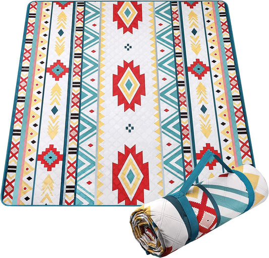 EXELNT Extra Large Outdoor Picnic Blankets Waterproof, for The Beach, Camping Travelling on The Grass, Park Blanket, Rolling Up Packaging，Portable Carring, 79" x 79" Picnic Mat - Aksu Style (Green)