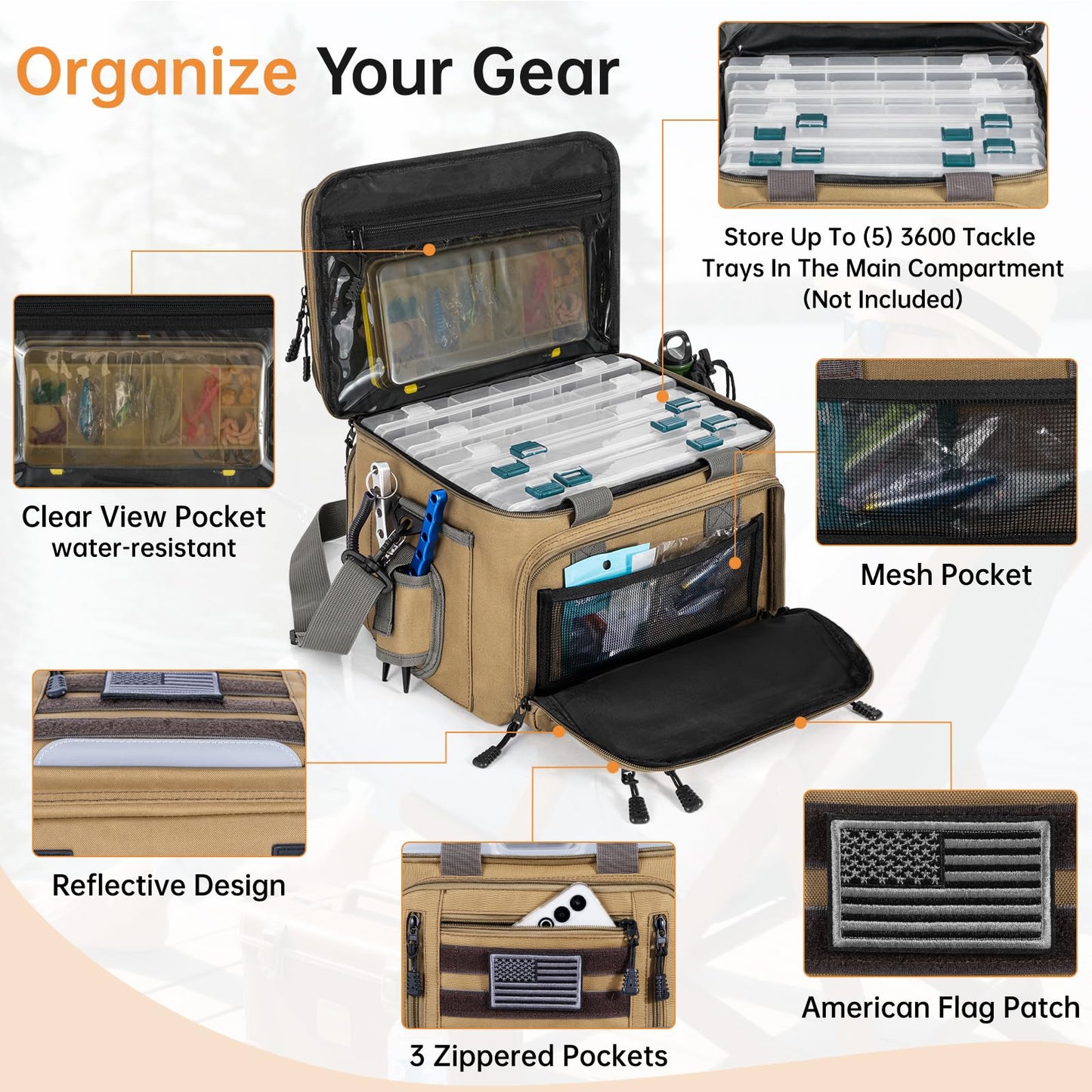 FREEAMG Fishing Tackle Bags - Padded Shoulder Strap Fishing Bags -Saltwater & Freshwater Fishing Bag - Gear Storage for Tackle Box (Kahki) (Does not come with box)