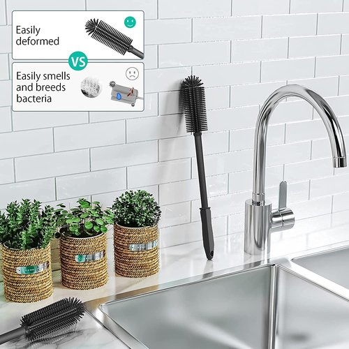 SUPPHOUS Long Silicone Bottle Cleaning Brush | 2 Pack| 16”+13”Water Bottle Brush Cleaner Brush for Hydro Flask,Glassware,Vacuum Sports Bottle&Vases,Silicone Water Bottle Cleaner Brush for Narrow Neck