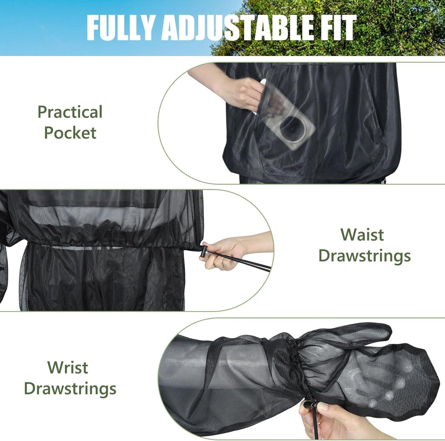 HOMEYA Bug Jacket L/XL, Anti Mosquito Netting Suit with Zipper on Hood Ultra-fine Mesh Pants Mitt Socks with Free Carry Pouch for Protecting Hunting Fishing Men Women