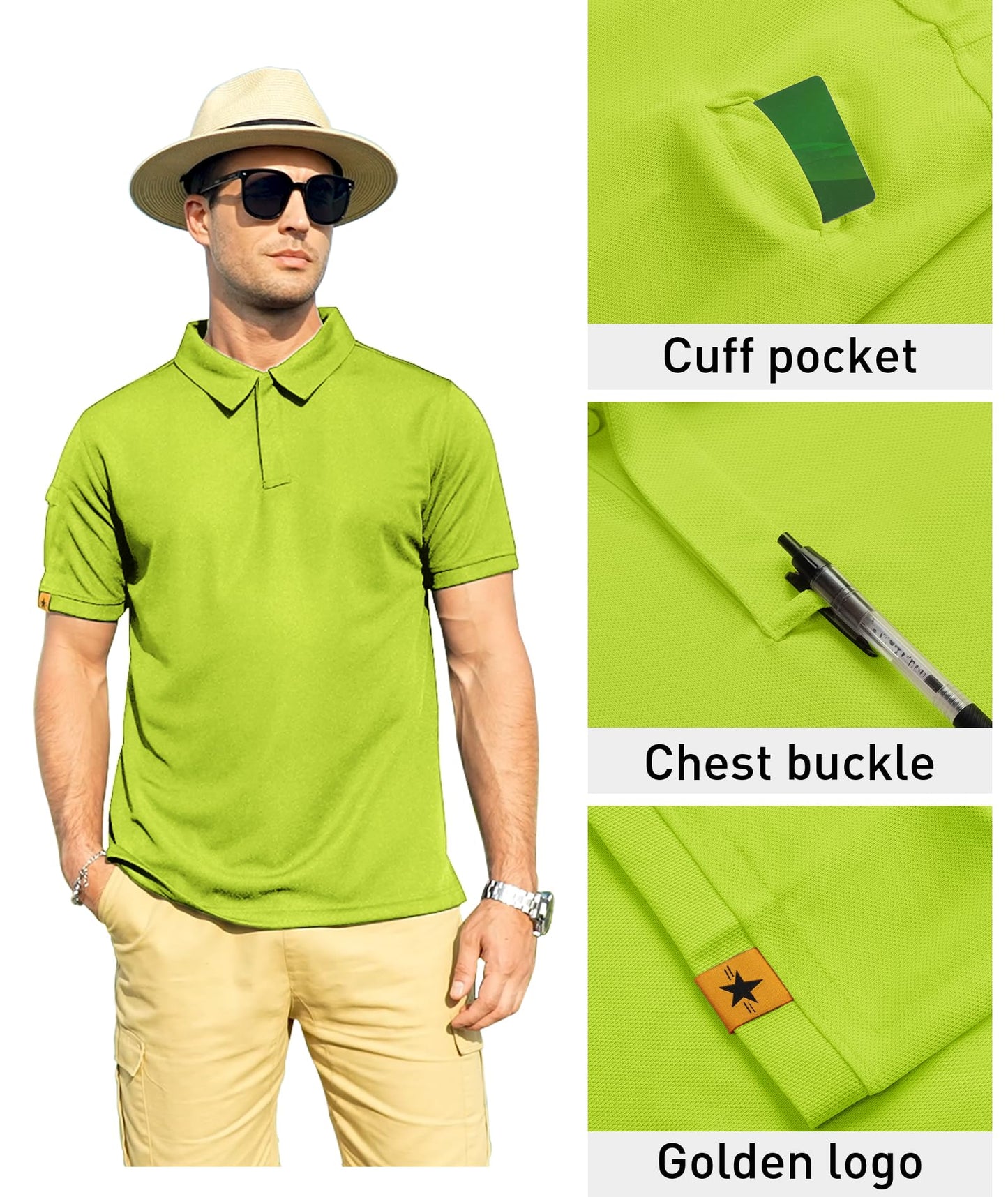 ZITY Mens Polo Shirt Short Sleeve Sports Tactical T-Shirt Athletic Golf Polos Daily Casual Stylish Collared Shirts for Men Lemon Green 4X-Large