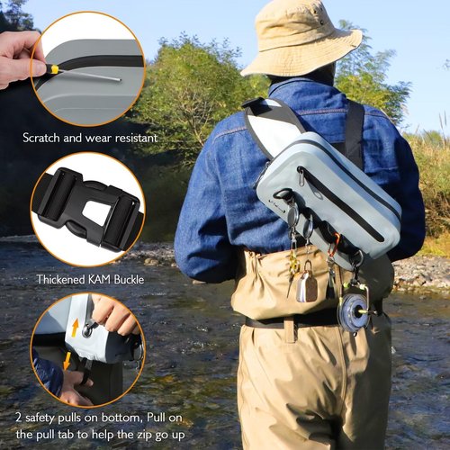 Dovesun Waterproof Fishing Fanny Pack for Men 3.3L Fly Fishing Bag Chest Pack with Airtight Zipper Grey