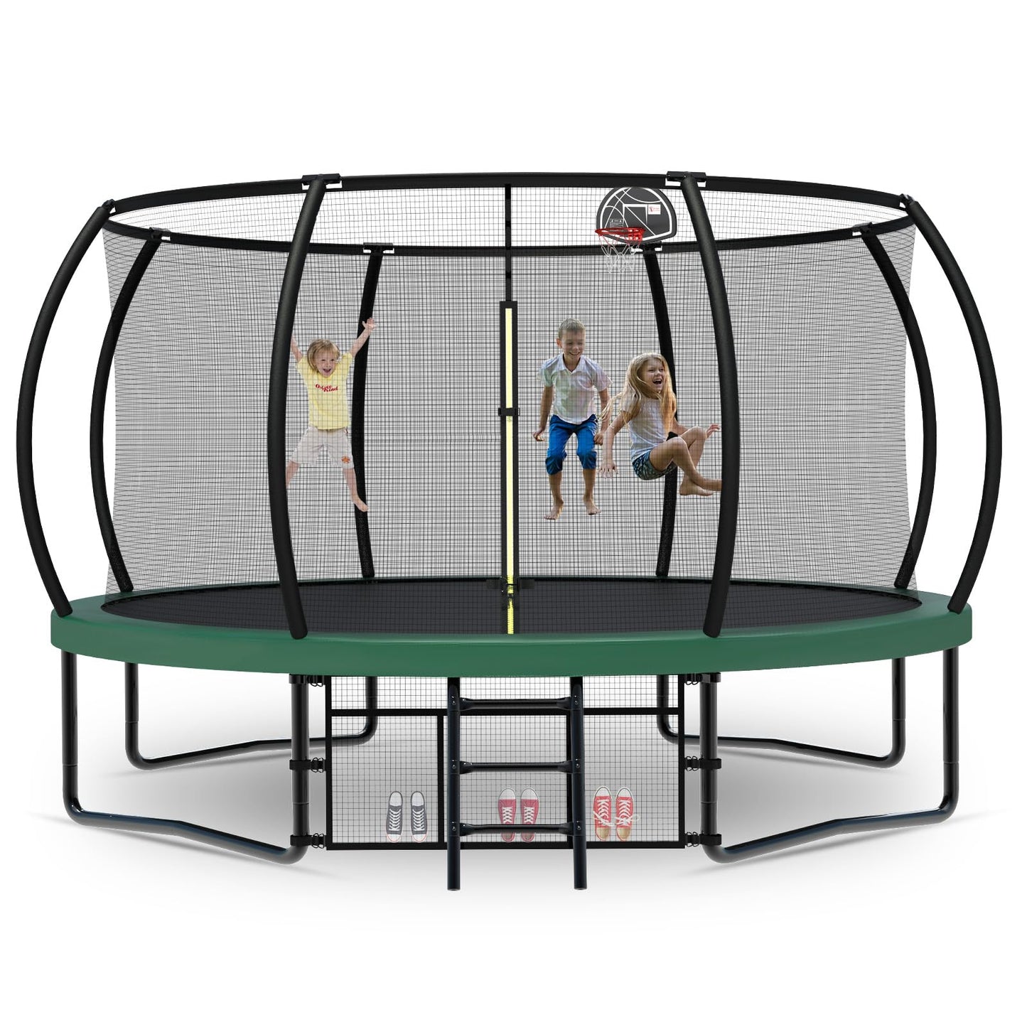 Tatub 14FT Upgrade Pumpkin Trampoline for Kids and Adults, Outdoor Recreational Trampolines with Basketball Hoop & Enclosure Net, Curved Poles & Storage Bag, Green