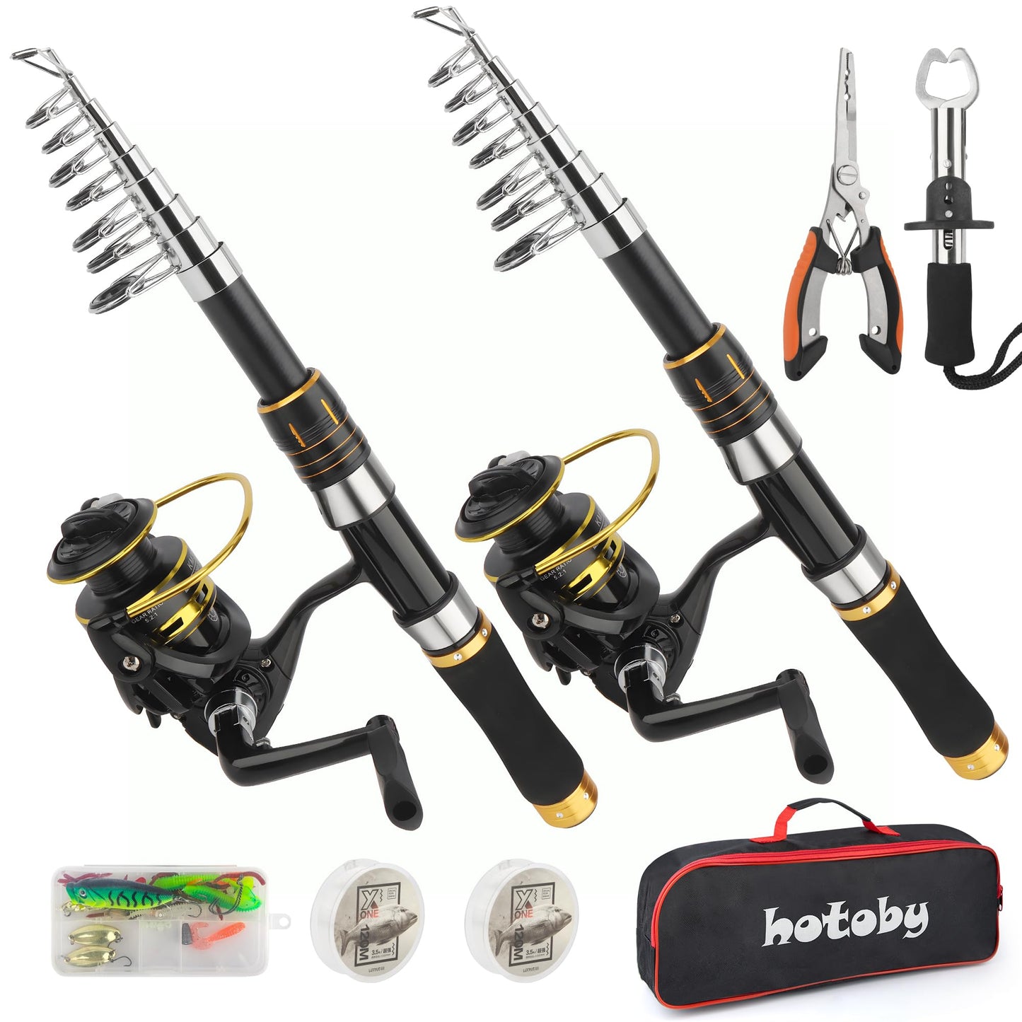 Fishing Pole Combo Set, 2PACK 6.89ft Fishing Rod and Reel Combo, Carbon Fiber Telescopic Fishing Rod Kit with Spinning Reel, Fishing Pliers, Lip Gripper, Line, Lures, Carrier Bag for Beginner Angler
