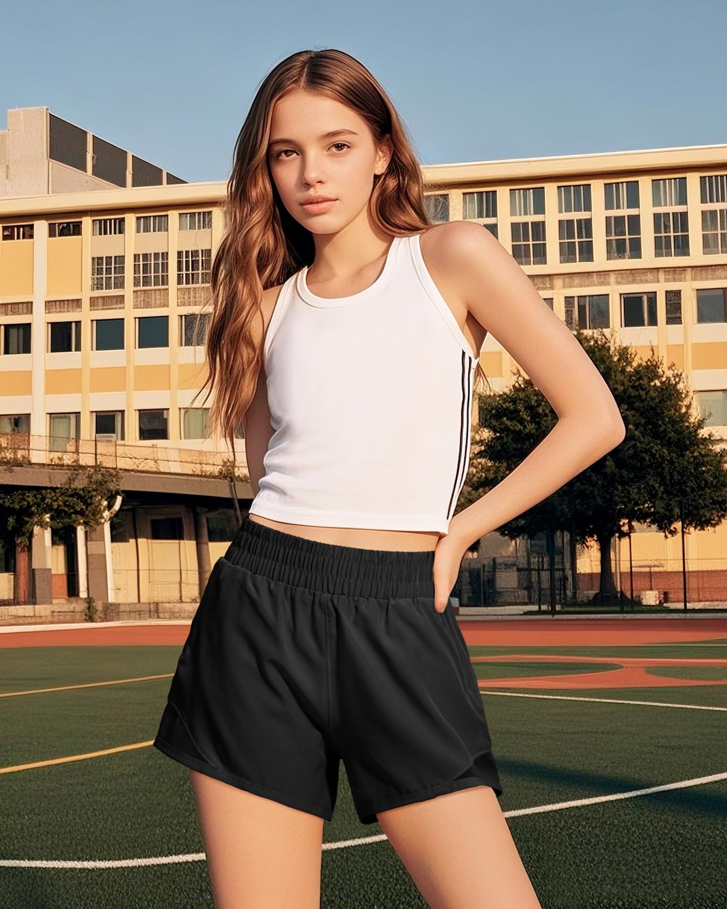 Auranso Girls Athletic Shorts Quick Dry Running Shorts with Mesh Liner and Zip Pockets Black 11-12 Years