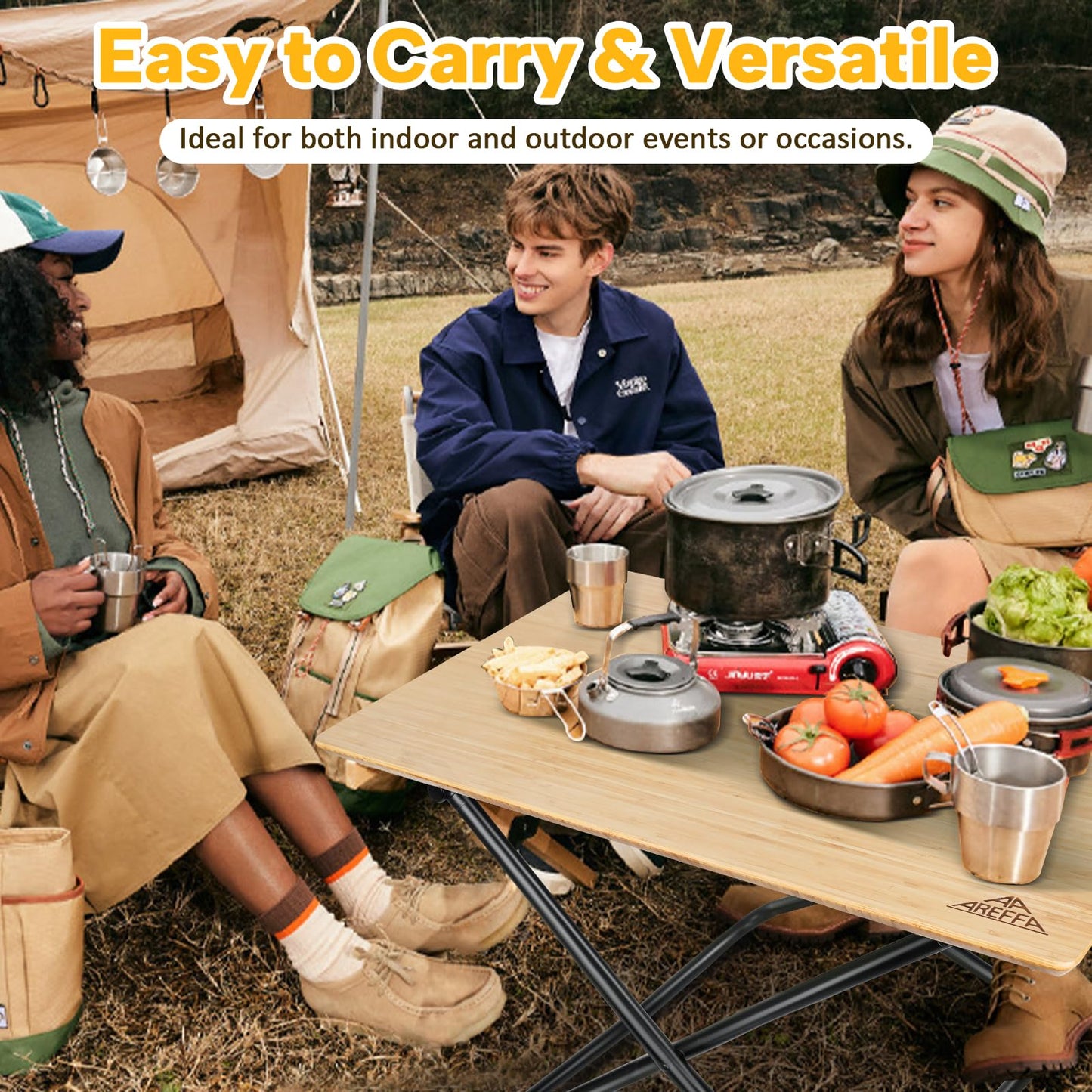 AREFFA Folding Bamboo Camping Table, Portable Outdoor Picnic Table with Aluminum Frame, Foldable Lightweight Camp Kitchen Table for BBQ, Hiking, RV, Beach, Easy Setup, 110lbs Load Capacity