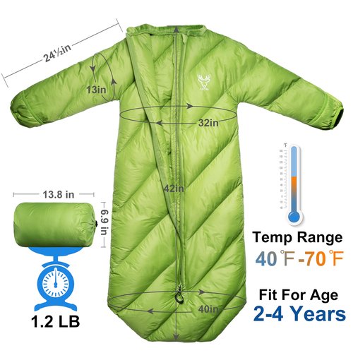AZITREK T40 Toddler Sleeping Bags Boys Girls | Ages 2-4 | Puffy Kids Sleeping Bag Camping Outdoor |up to 46 in| Lightweight Compact Comfort for Indoor Sleepover | Machine Washable (Garnish Green)
