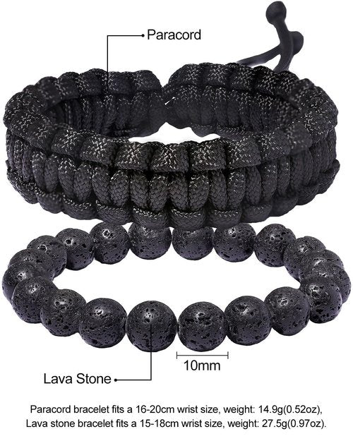 Xfoxstal 2Pcs Adjustable Handmade Survival Paracord Bracelets Set Lava Stone Stretch Beaded Bracelets for Women Men Outdoor Hiking Camping Unisex (Black)
