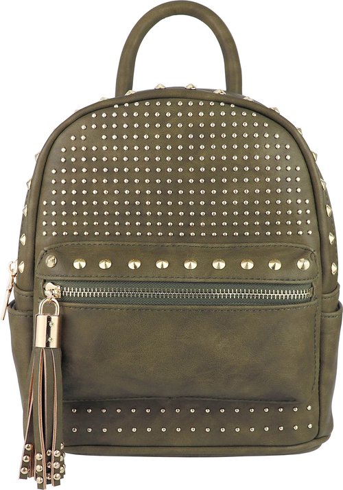 B BRENTANO Vegan Studded Mini Daypack with Tassel Accents (Olive)