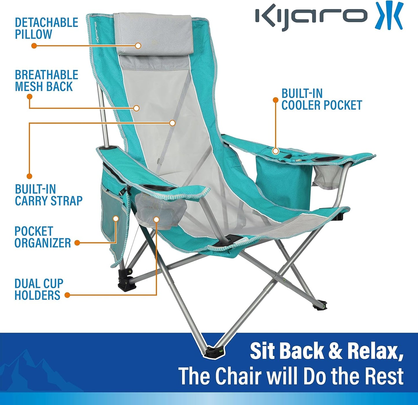 Kijaro Beach Sling Chair with Cooler Pocket - Various Fun Colors & Patterns - Perfect Beach Folding Chair and Camping Chair - Includes a Detachable Pillow