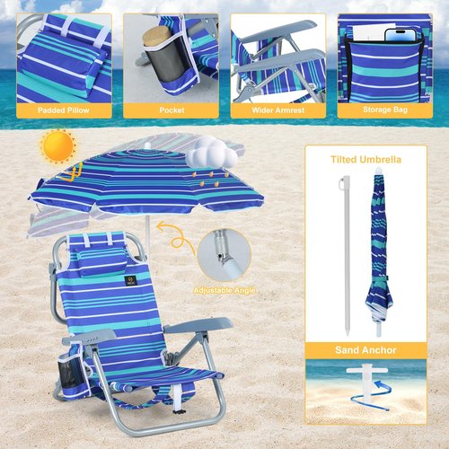 Nice C Toddler Beach Chair, Kids Beach Chair with Umbrella, Backpack Beach Folding Chairs, Backpack Camping Chairs, 5-Position Reclining, with Cup Holder, for Beach, Camping, Picnic (1 Pack)