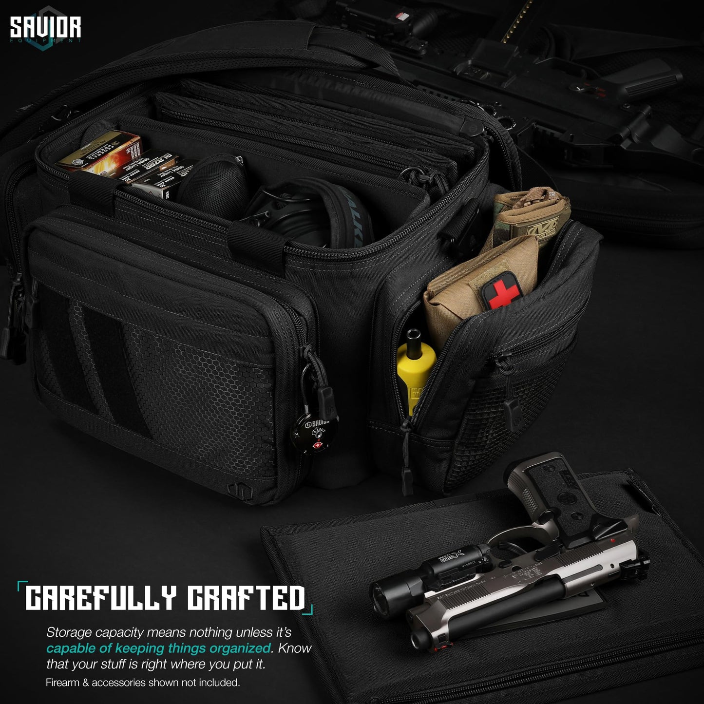 Savior Equipment Specialist Series Tactical Triple Pistol Shooting Range Hunting Duffle Bag Gun Carrying Case, Rigid Compartment Frame, Lockable Zippers, 3 Handgun Sleeves & Shoulder Strap Included