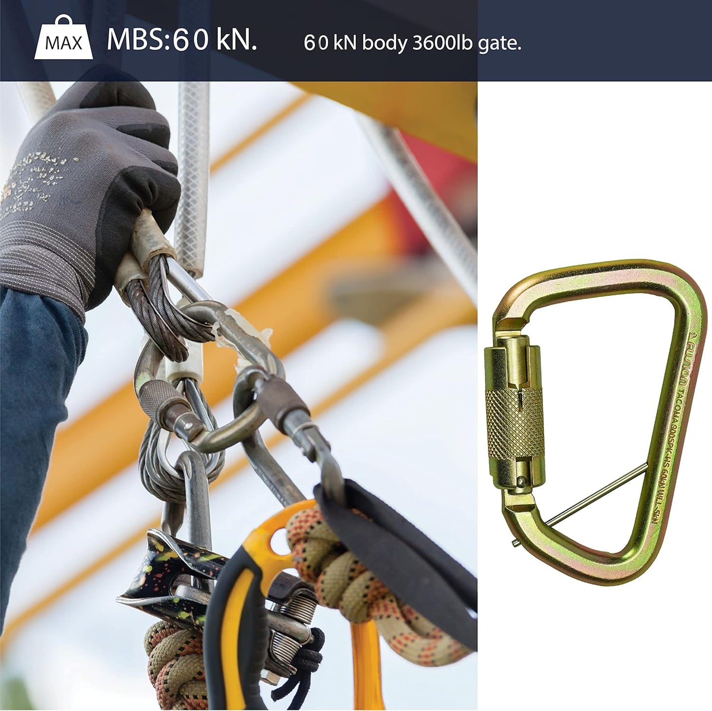 Fusion Climb Tacoma Steel High Strength Auto Lock Modified D-Shaped Steel Carabiner, Steel Clip