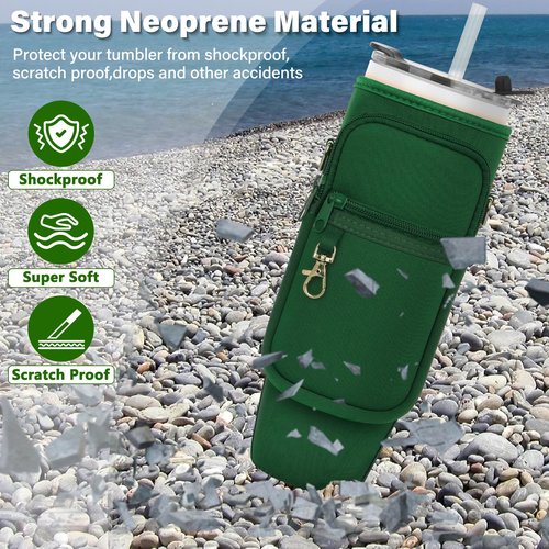 Water Bottle Carrier Bag with Phone Pocket Compatible with Stanley/Meoky 40 oz Tumbler with Handle,Water Bottle Holder Pouch with Adjustable Strap Compatible with Stanley Cup Accessories,Green