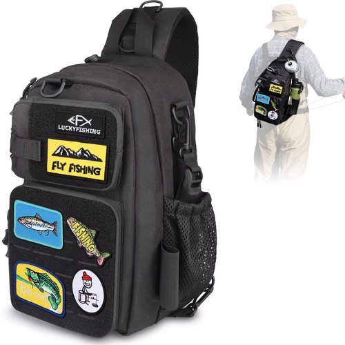 LUCKYFISHING Fishing Backpack Fishing Sling Bag Fly Bag Lightweight with 6PCS Fish Style-DIY Embroidery Patches Gift for Men