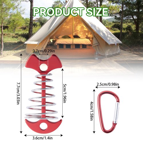 CHANGE MOORE Aluminum Deck Tie Down Spring Windproof Tent Stakes, Camping Outdoor Fishbone Tent Anchors Tent Rope Red Deck Anchor Pegs with Red Carabiners (7Pcs)