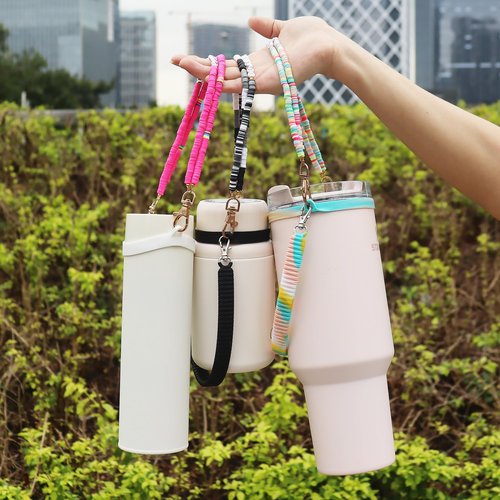 Black Gray Stanley Cup Holder with Strap, Silicon Water Bottle Handle, Carrier, Lanyard, Holder with Strap, Reputation Beads Stanley Handle, Tumbler Suitable Stanley Cup Accessories 8-40oz