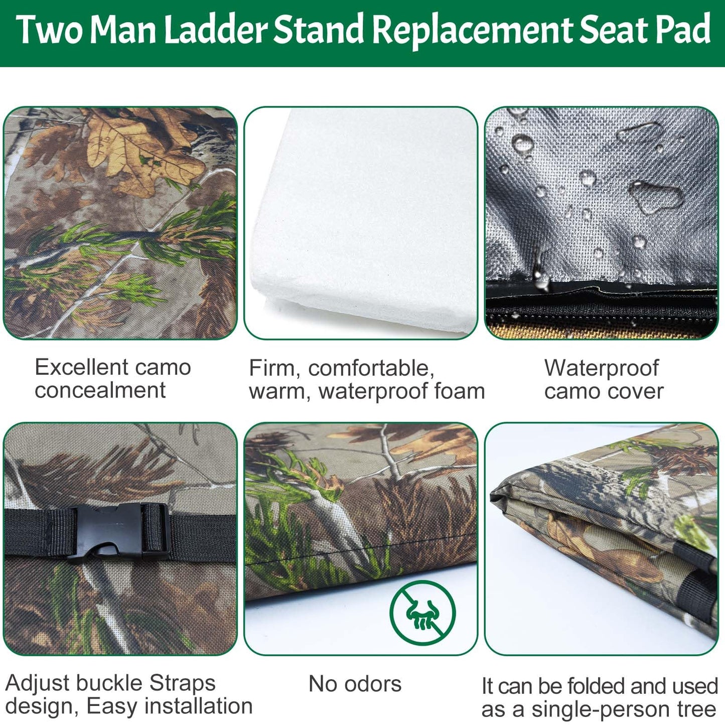 Foldable Two Man Tree Stand Replacement Seat 33.5''×13'' Tree Stand Seat Cushion Portable Double Treestand Seat Pad Waterproof Ladder Stand Seat Cushion for Deer Hunting Camping Outdoor Activities