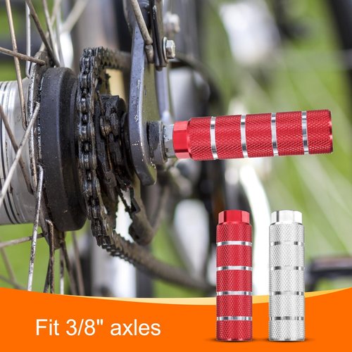 HARFINGTON 2 Pairs Bike Pegs Aluminum Alloy Rear Stunt Pegs Anti-Skid Stripe Back Seat Stands Fit 3/8" Axles for Mountain Bike, Red & Silver