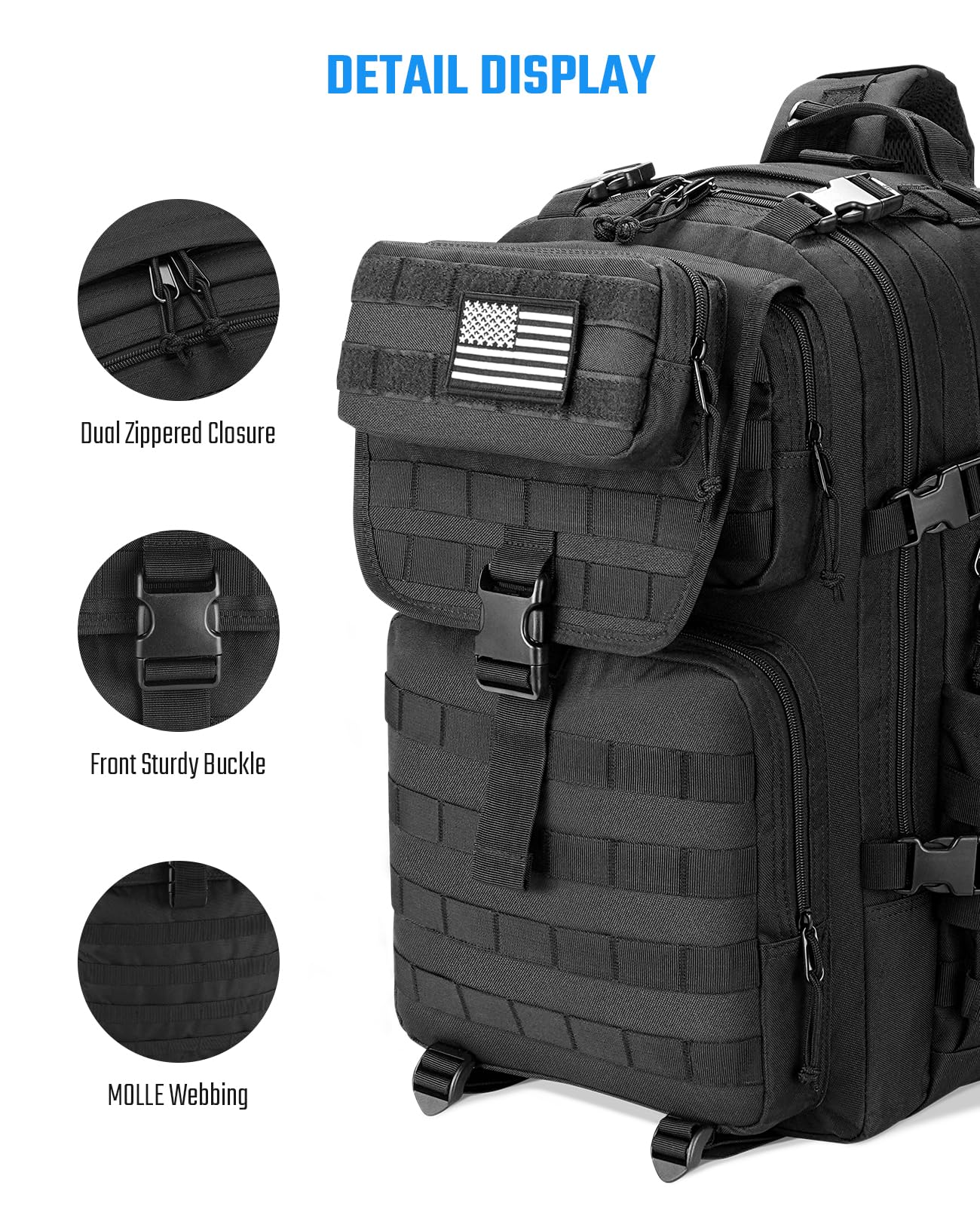 EZshoot Tactical Backpack, 45L Heavy Duty Military Backpack for Men, Army Molle 3 Days Assault Pack Bug Out Bag, Large Military Gear Travel Hiking Camping Sports Rucksack with Bottle Holder, Black