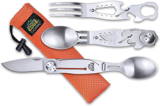 OUTDOOR EDGE Chowlite - Mealtime Multitool with Folding/Locking Fork, Spoon, Bottle Opener, Can Opener and Screwdriver - 100% Stainless Steel - Perfect for Camping, Hiking, Backpacking and Hunting