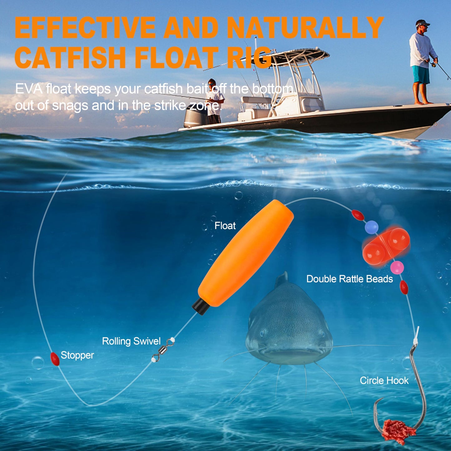 AGOOL Catfishing Tackle Making Kit Catfish Rig Accessories 124PCS Catfish Tackle with Catfish Floats Catfish Hooks Bobber Stoppers Swivels Fishing Rattle Bells Fishing Beads Santee Cooper Rig