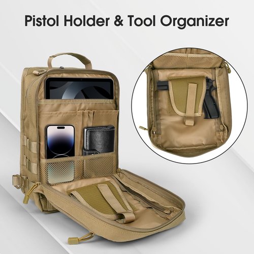HAOMUK Tactical Sling Bag Backpack for Men with Pistol Holster Military Shoulder Crossbody Bag for Concealed Carry - Khaki